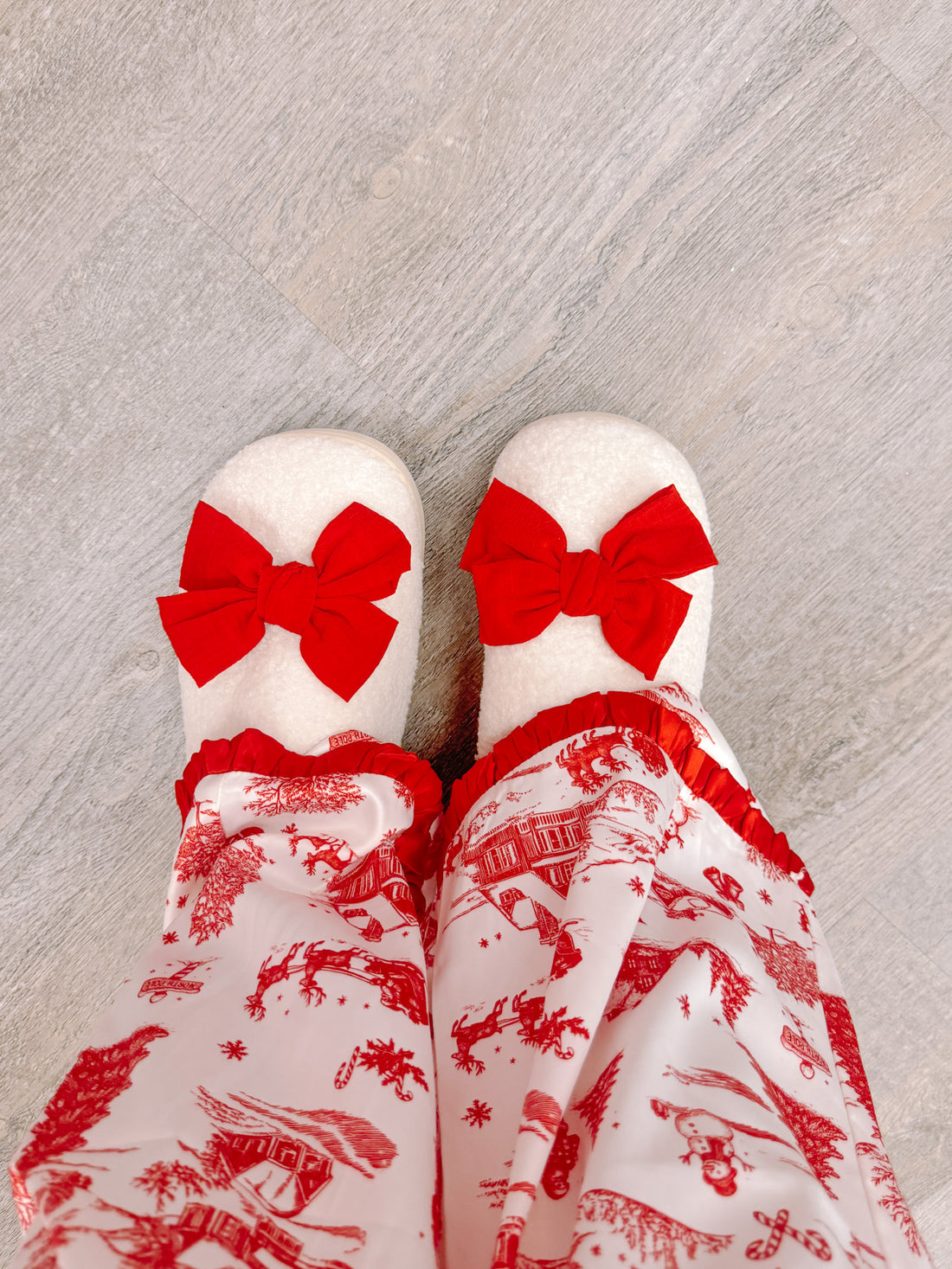 Red Bow Slippers — Sassy Shortcake top view, comfy cushioned sole and bright red bows
