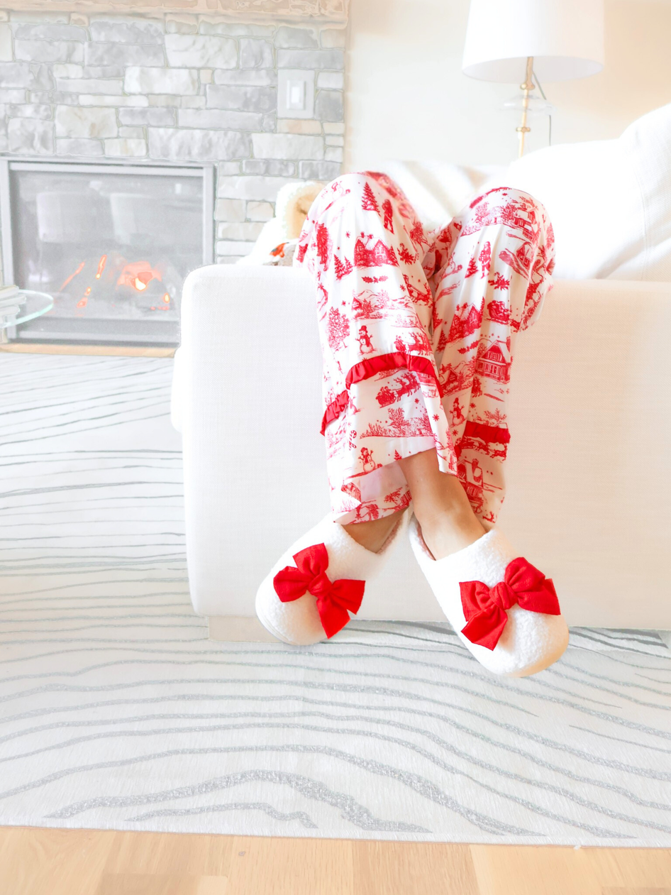 Sassy Shortcake Red Bow Slippers styled with Holiday Pajamas, gift-ready cozy house shoes