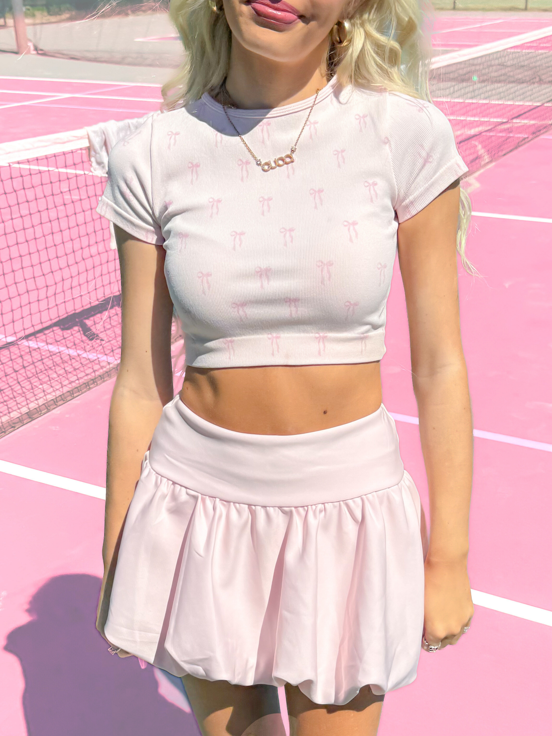 Pink Ribbed Ribbon Tee crop top and puff and play pink bubble skirt set from Sassy Shortcake
