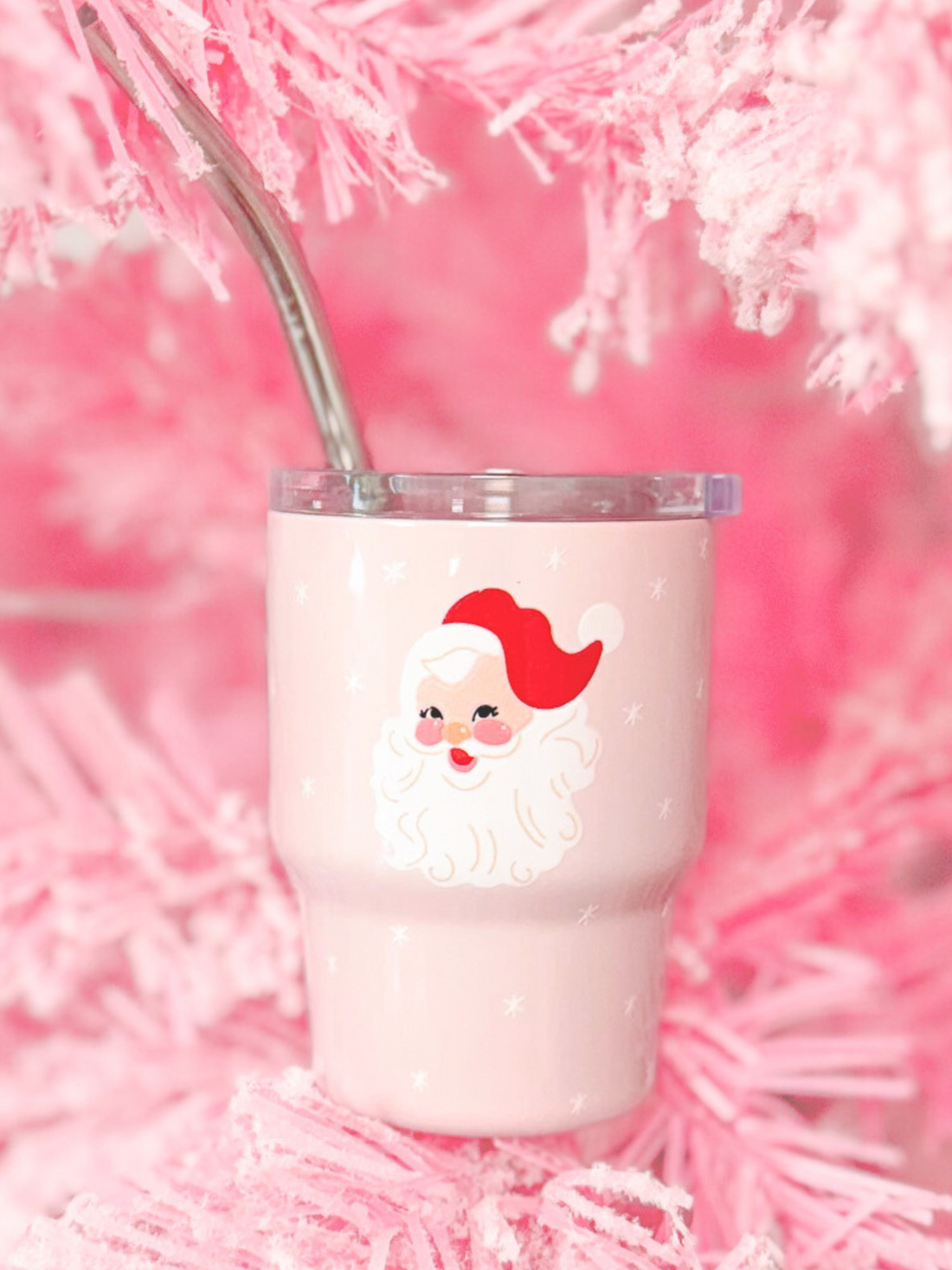 Pink Santa Tiny Tumbler with lid and metal straw
