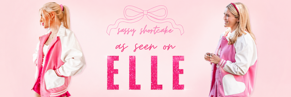 As Seen on Elle clothing collection by Sassy Shortcake featuring the pink Letterman Ladies Varisty Jacket