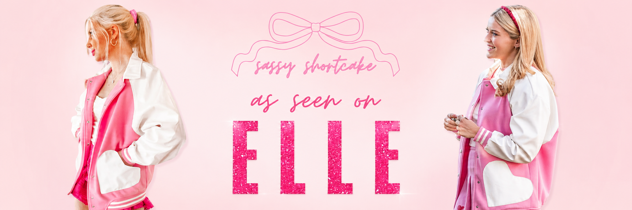As Seen on ELLE — Sassy Shortcake pink varsity jacket featured in ELLE, Cosmopolitan, and Deadline