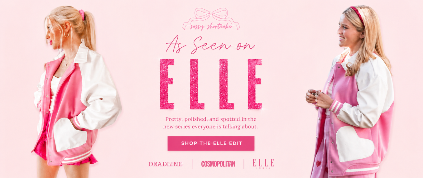 Sassy Shortcake As Seen on ELLE homepage banner featuring the pink heart pocket varsity jacket