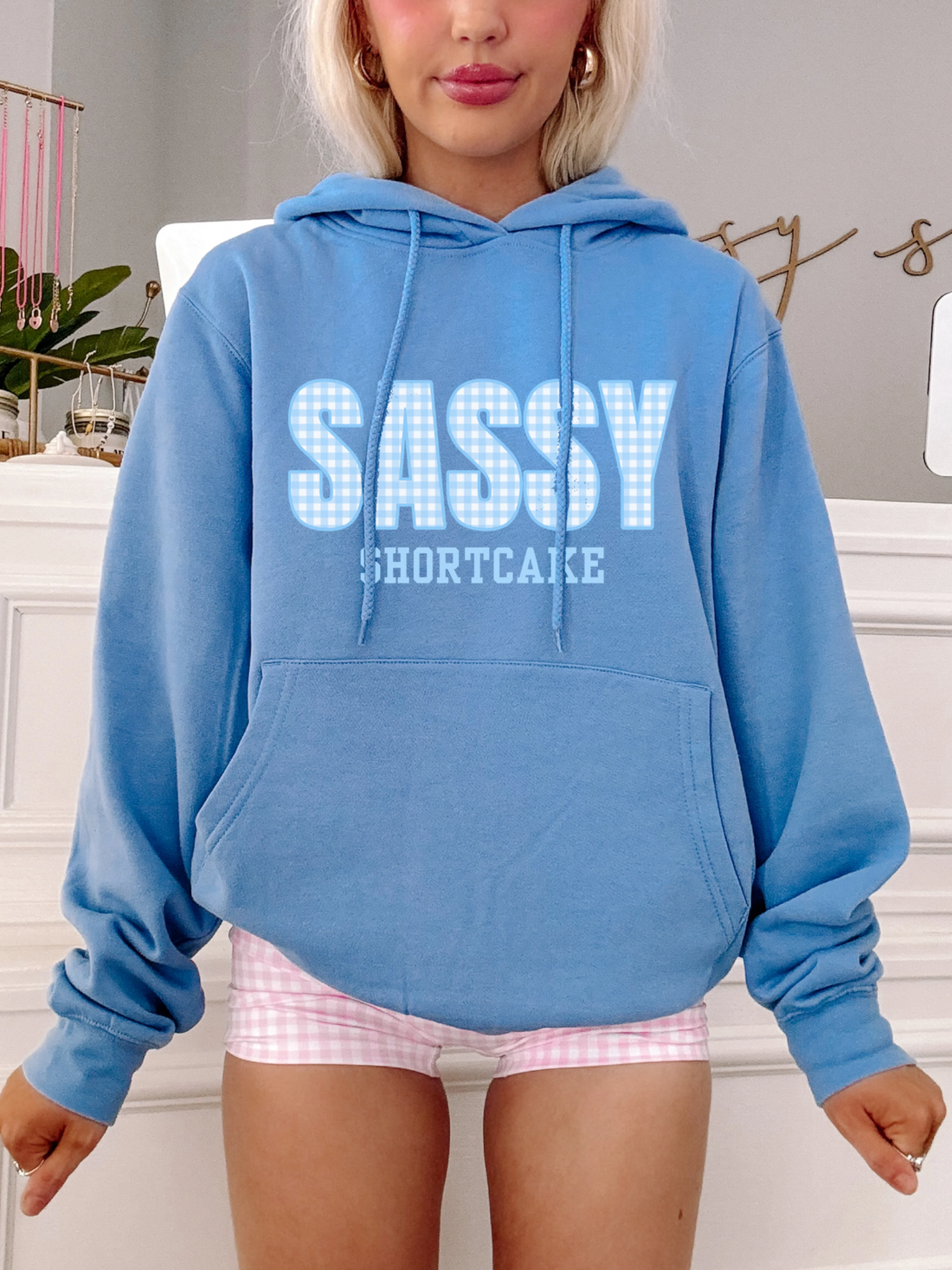 sassy shortcake blue gingham merch hoodie