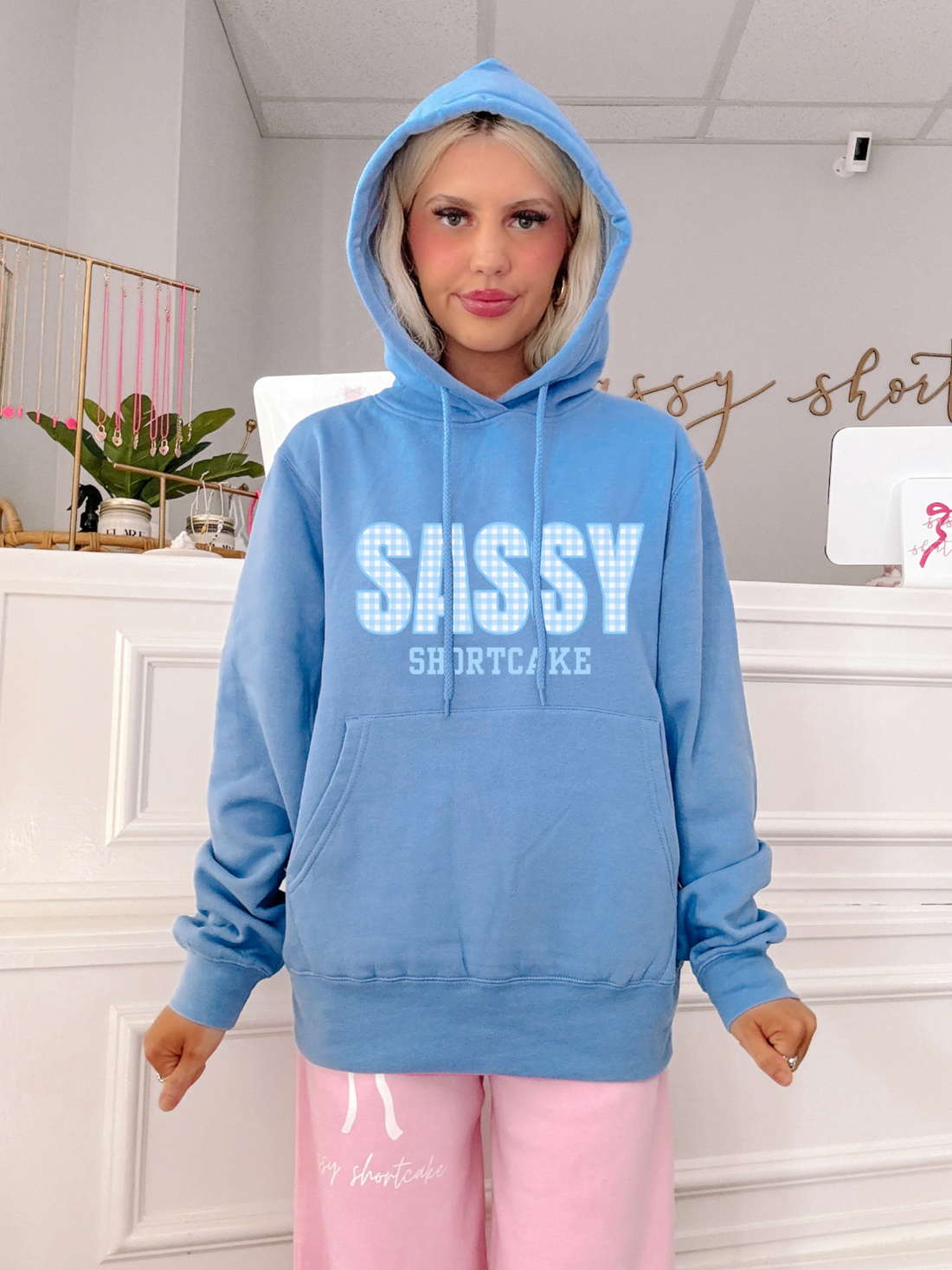 model wearing sassy shortcake blue gingham hoodie preppy