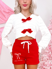 Red Sassy Shortcake shorts with bow detail
