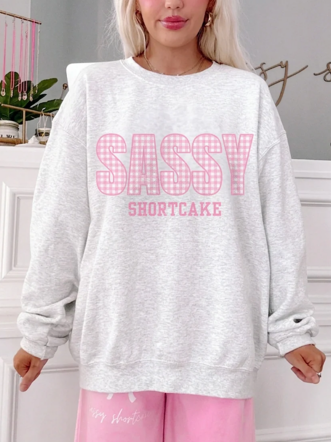 Grey Sassy Shortcake Merch Crewneck in Pink Gingham