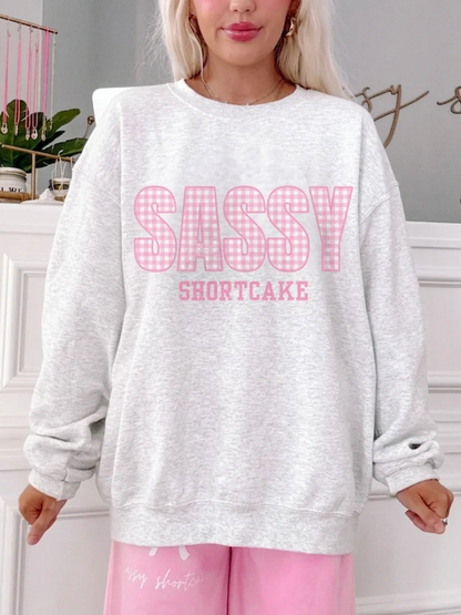 Grey Sassy Shortcake Merch Crewneck in Pink Gingham