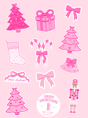 Pink Sassy Shortcake holiday sticker sheet: Christmas trees, presents, candy canes, bows, nutcracker, stocking.
