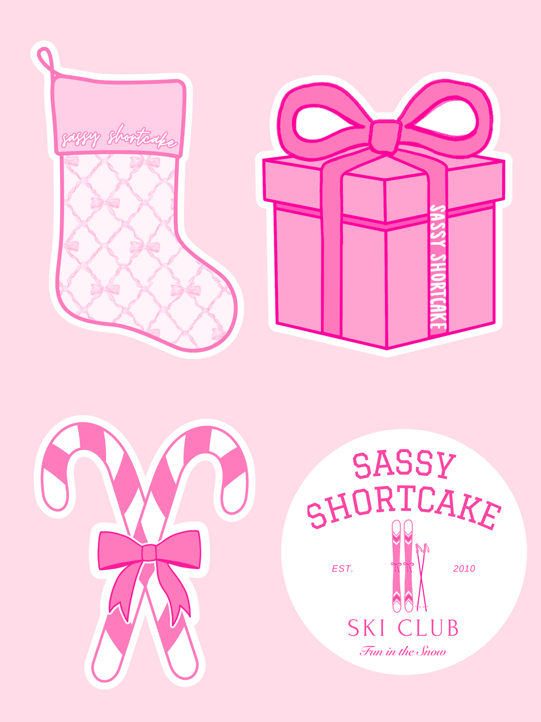 Pink holiday stickers: stocking, gift box, candy canes, and ski club logo.
