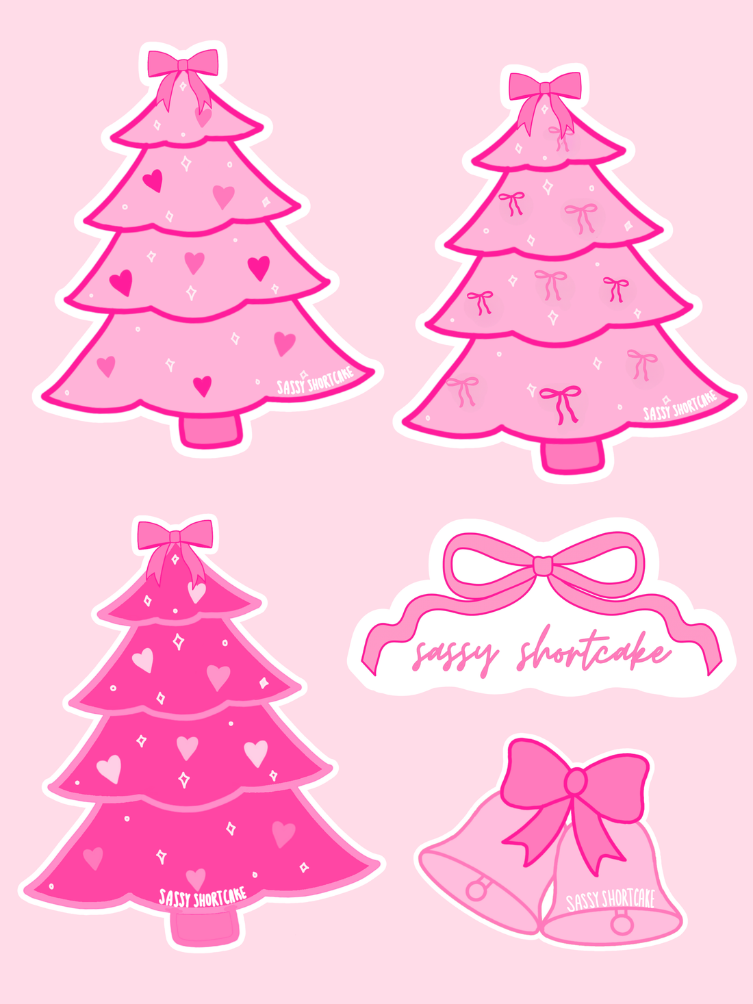 Pink Christmas tree and jingle bell stickers; festive design.

