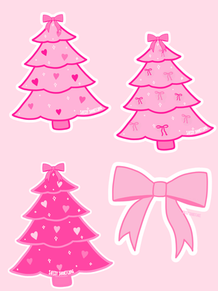 Pink Christmas tree stickers; festive designs with hearts & bows.
