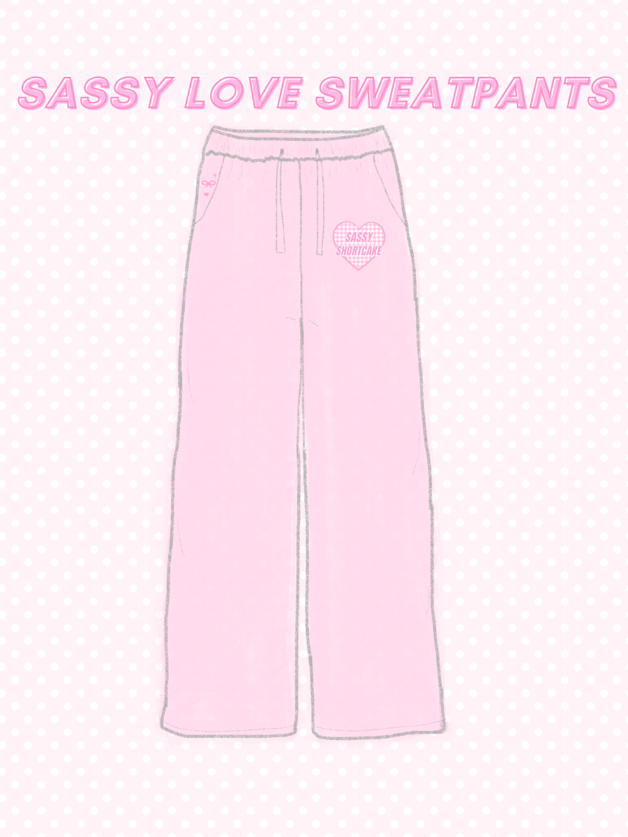 Sassy Love Sweatpants from Sassy Shortcake - Pink sweatpants with 'Sassy Love Sweatpants' text on a light pink background