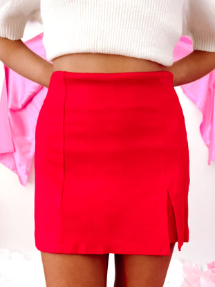 Scarlet Slit red mini skirt with side slits
