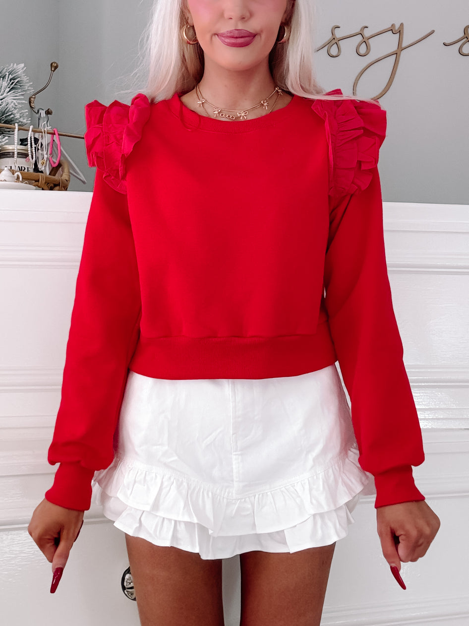 Red Scarlet Charm ruffle-shoulder cropped sweatshirt
