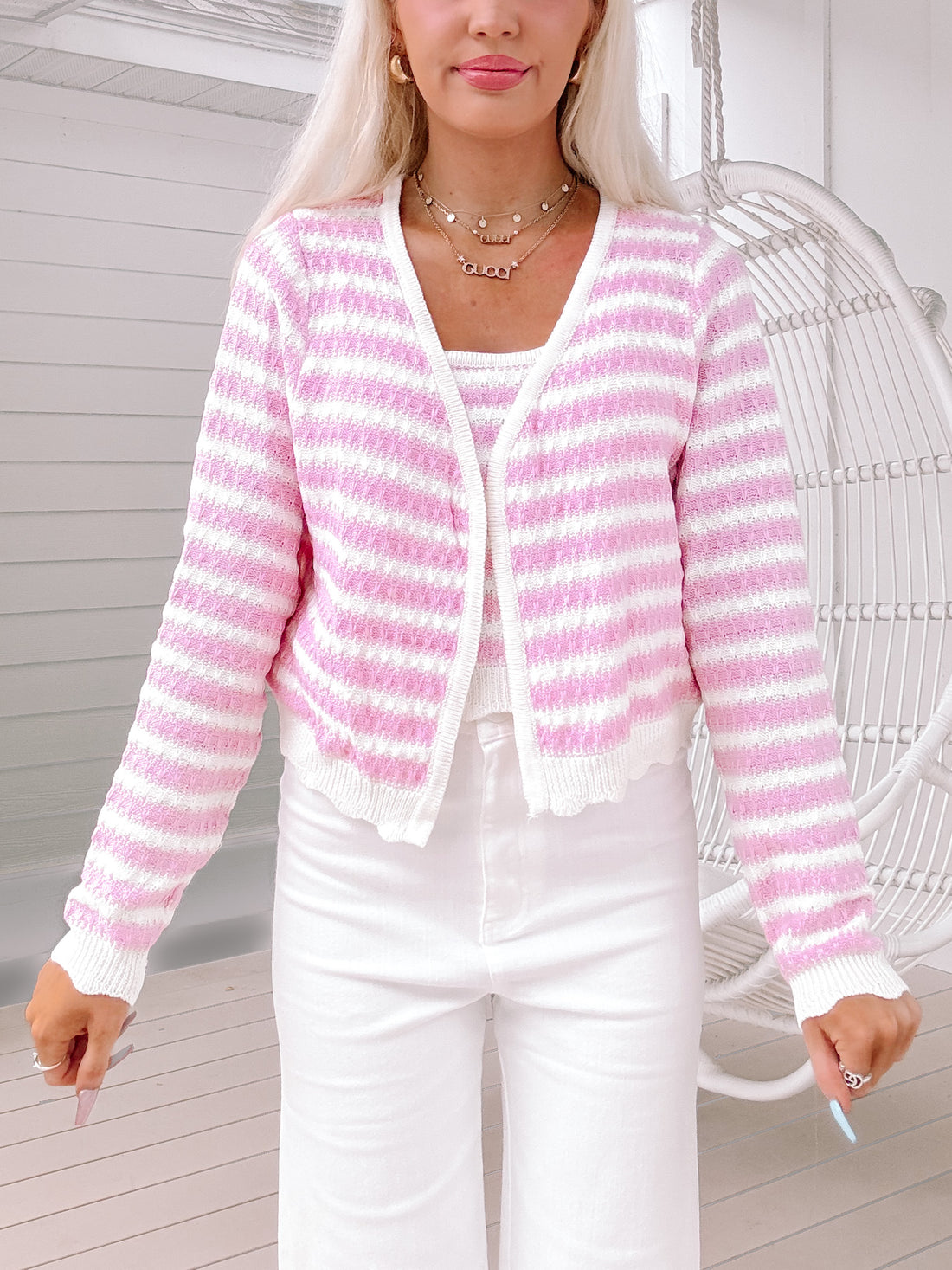 Pink & white striped Simone sweater set; cropped cardigan & matching tank.
