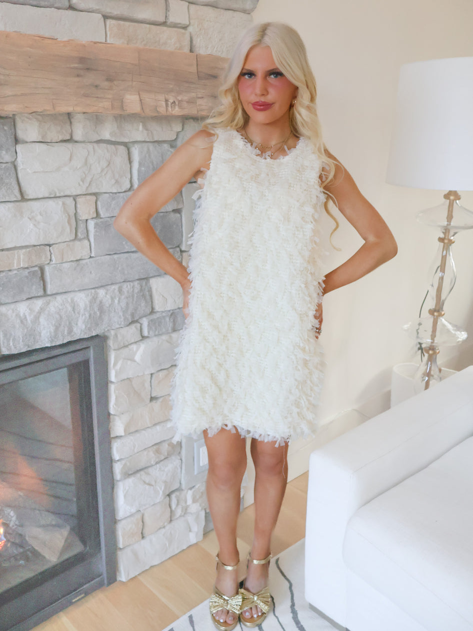 Detail shot of Sassy Shortcake Snowfall Dress mini length and textured finish, chic white holiday dress for events.