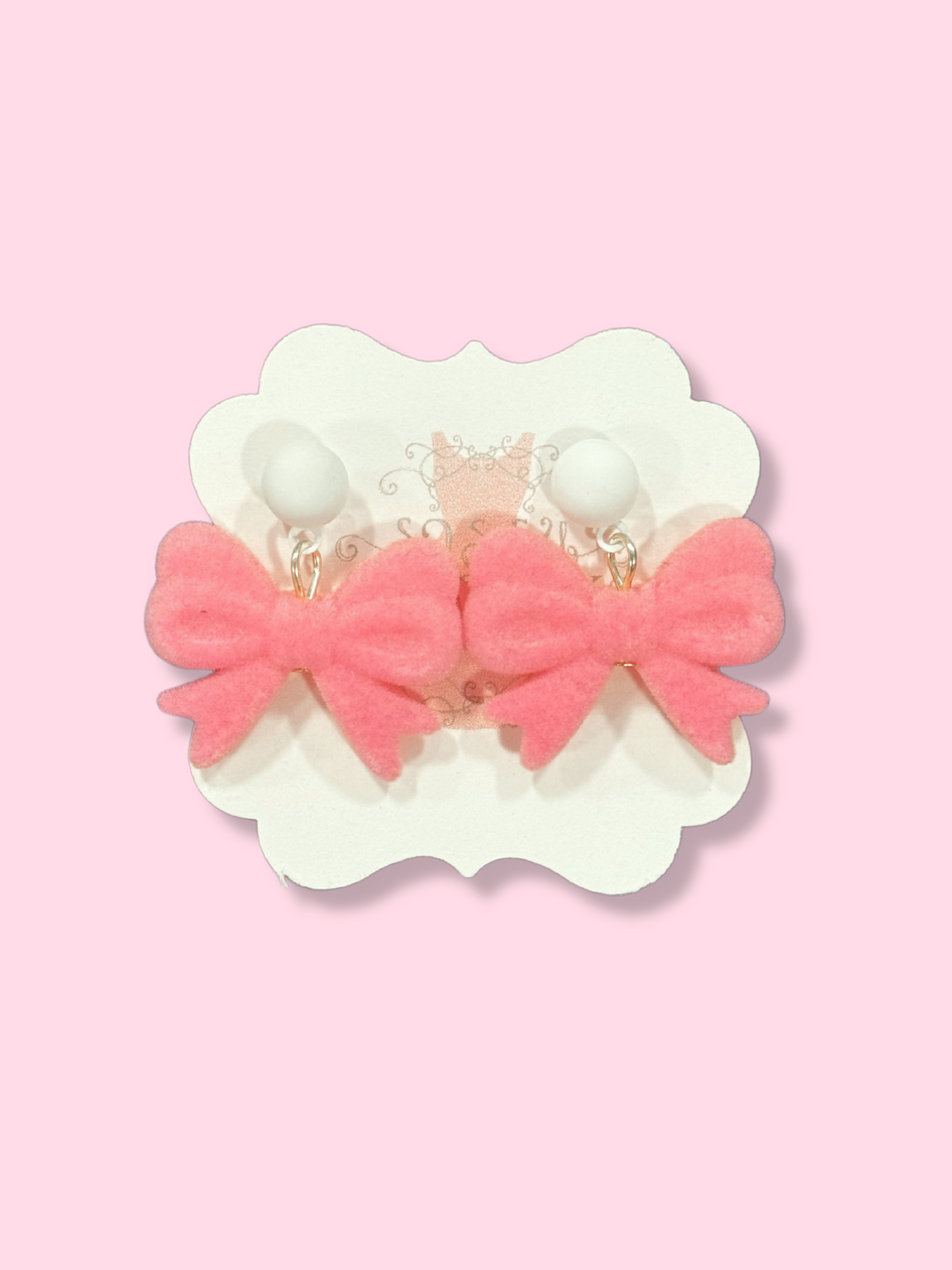 Pink velvet bow earrings with gold posts
