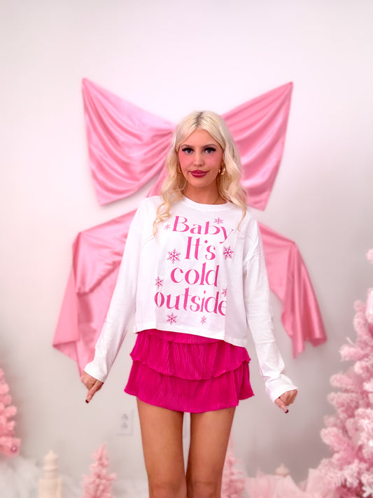 Full outfit view of Soho Satin Skirt by Sassy Shortcake, magenta layered ruffle mini skirt with white graphic long sleeve top.