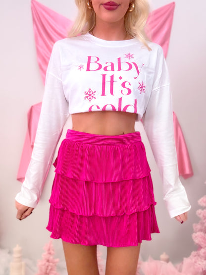 Sassy Shortcake Soho Satin Skirt modeled on figure, featuring layered magenta satin ruffles and a shiny finish.