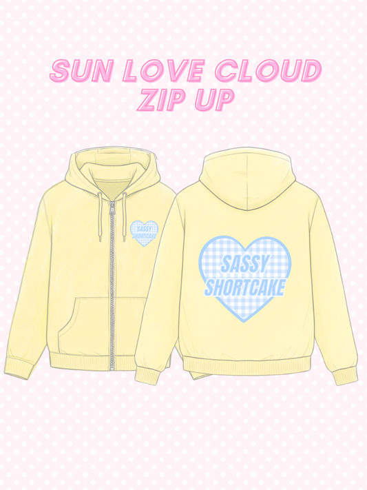 Sun Love Cloud Zip Up from Sassy Shortcake - Yellow zip-up hoodie with heart designs and text on a pink background