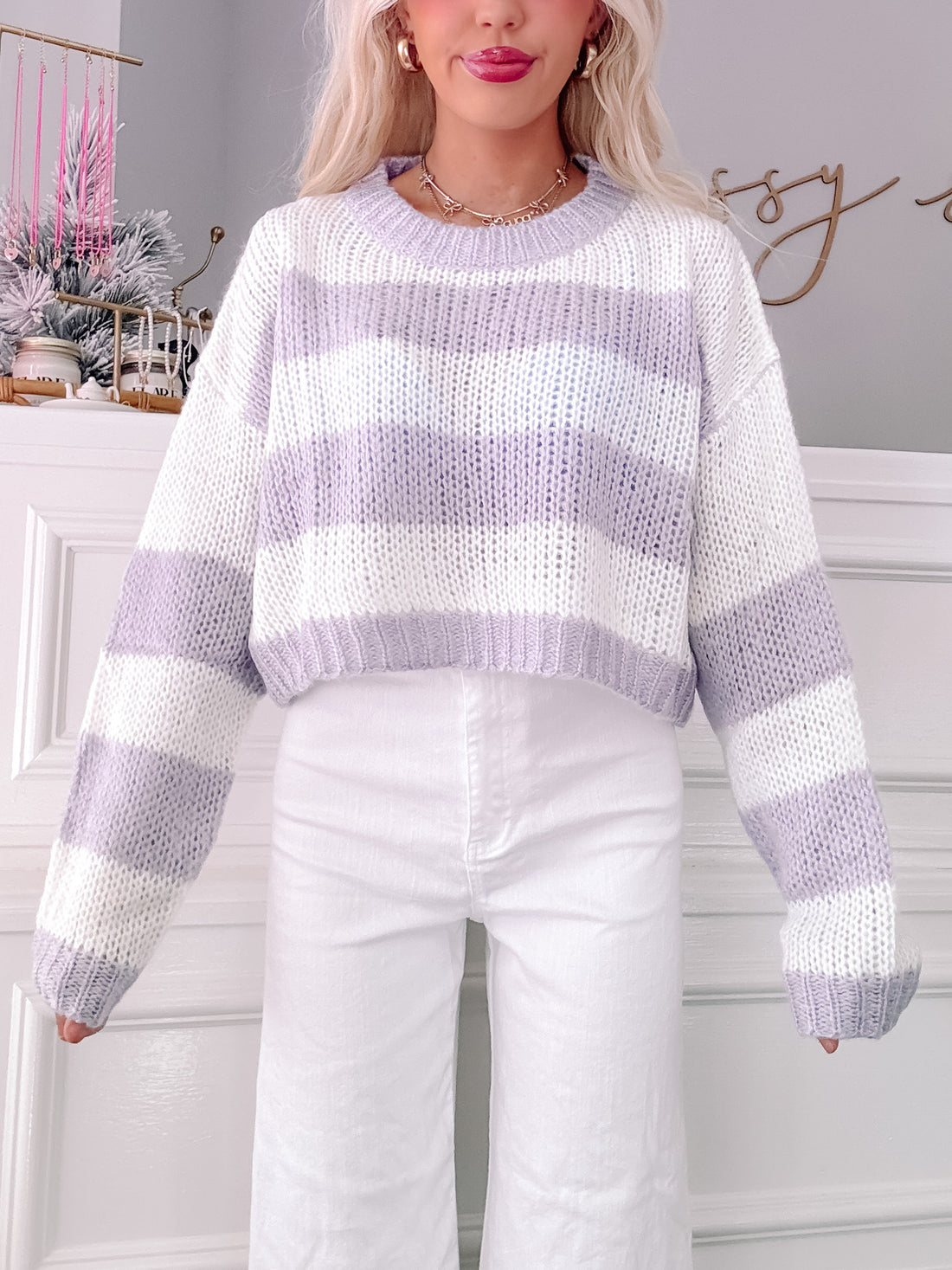 Lilac and white striped Sun Up cropped knit sweater
