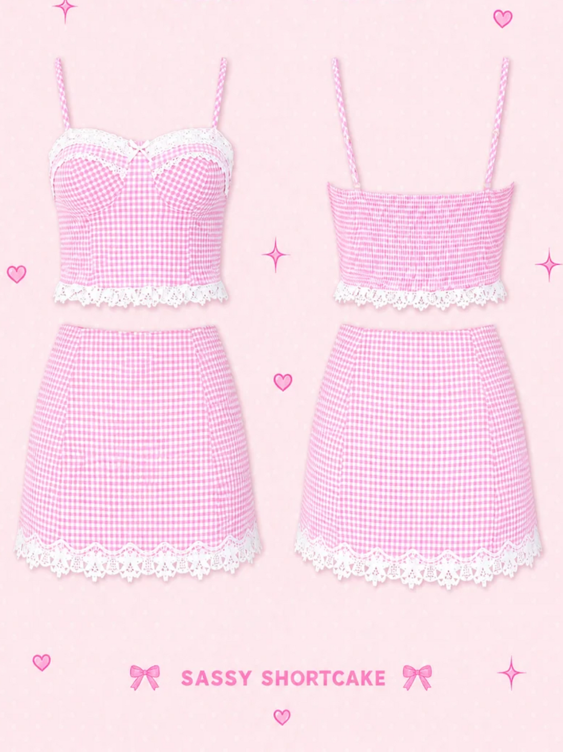Pink gingham two-piece outfits shown on a light pink background with decorative text reading 'SWEET ON GINGHAM SET - PINK' and 'Sassy Shortcake'. The set includes a strapless crop top with white lace trim and a matching mini skirt, shown in two colorways: one solid pink and one pink-and-white gingham. Sweet on Gingham Outfit Set - New Arrival
