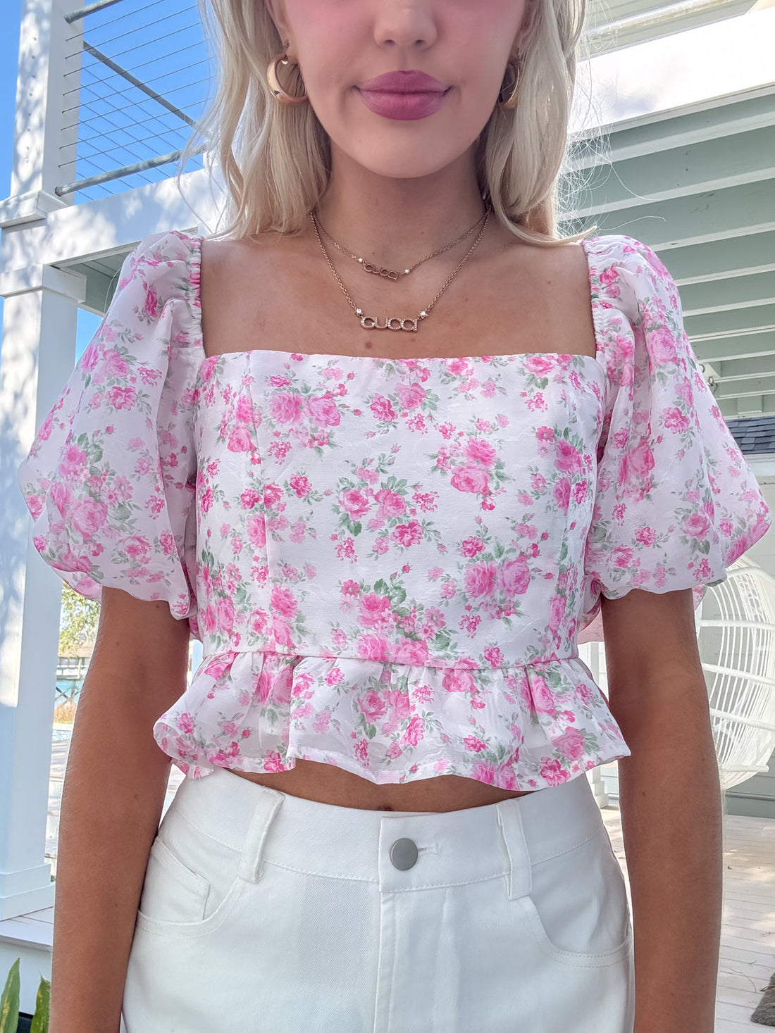 Sweet as Sunday Top pink floral puff sleeve top outfit by Sassy Shortcake boutique