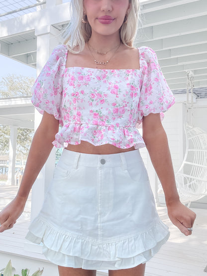 Sweet as Sunday Top pink floral puff sleeve top by Sassy Shortcake