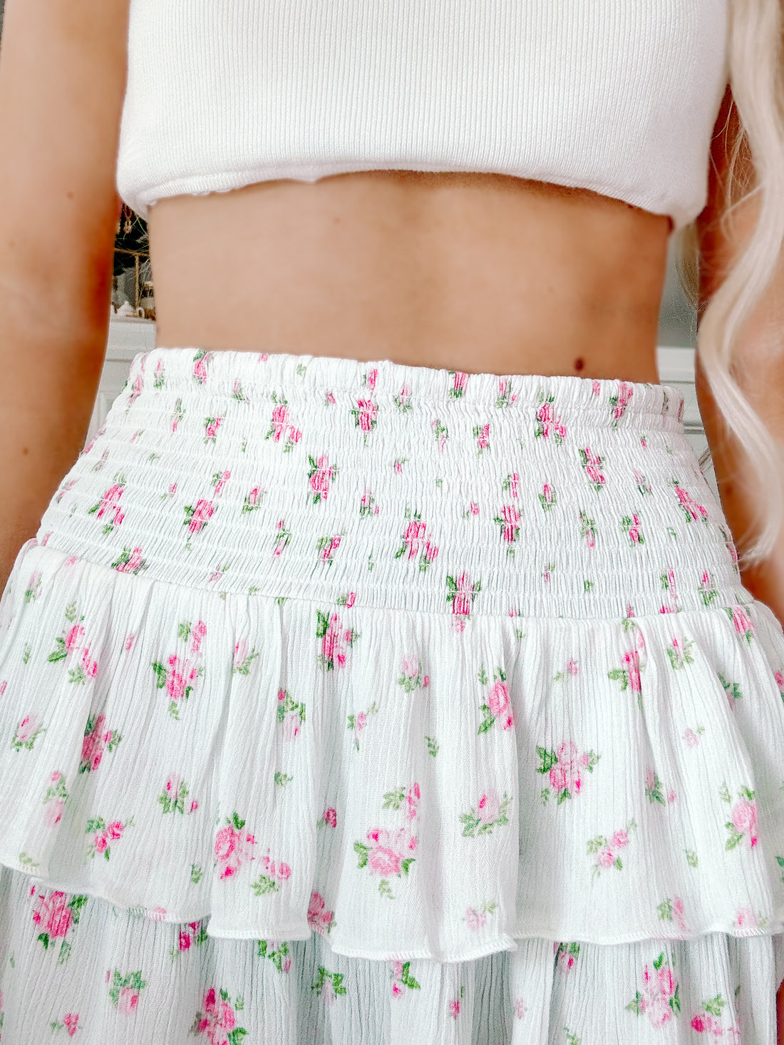 Close-up of pink floral pattern and edge finishing on Sweet Bloom Skirt.
