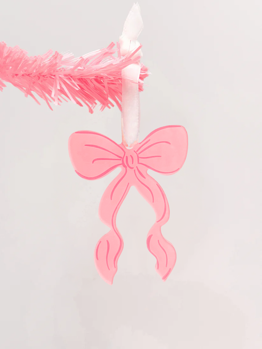 Sweet Bow Ornament by Sassy Shortcake—pink acrylic bow with velvet ribbon hanging on pastel tree