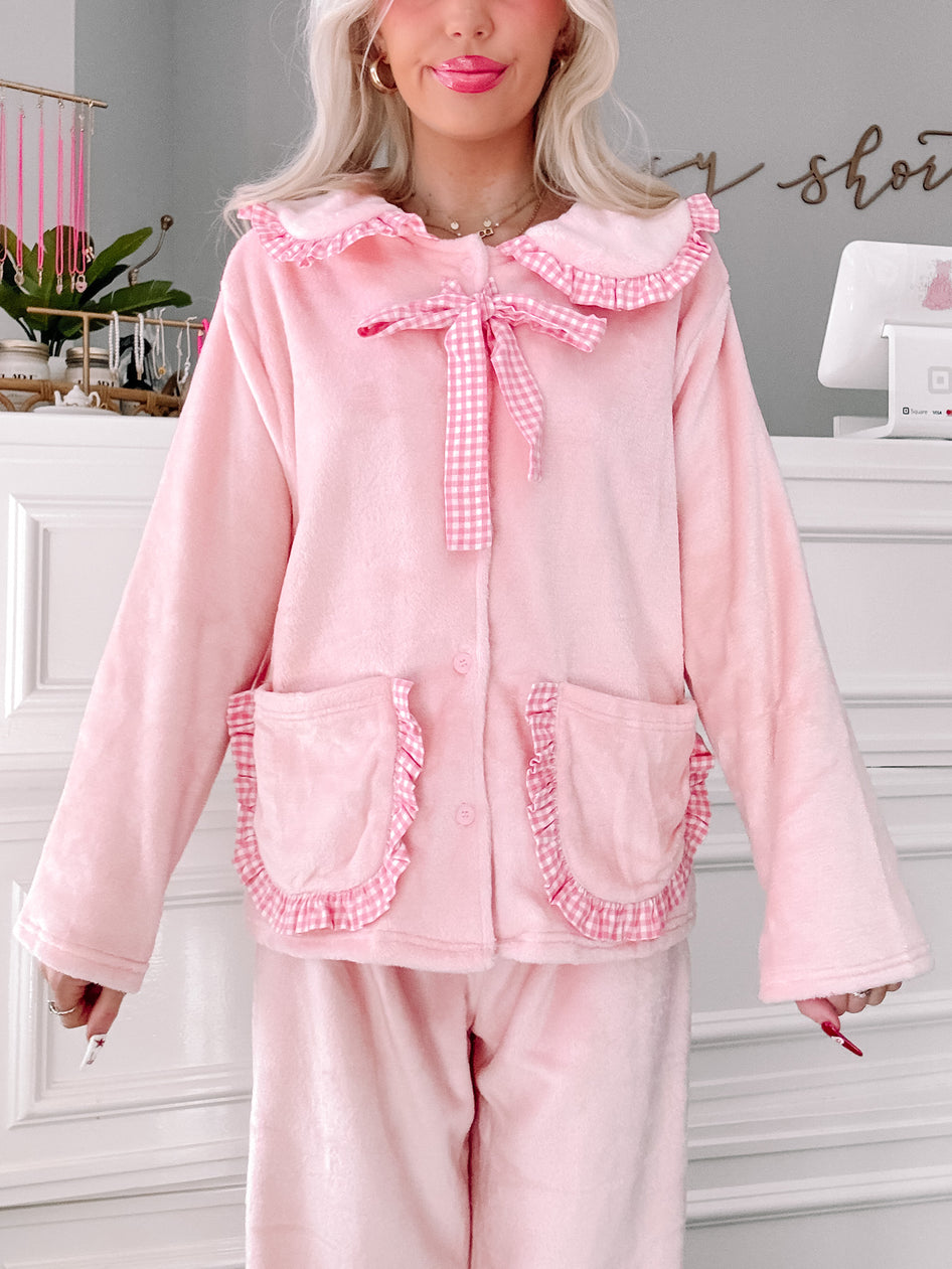 Pink Sweetly Snuggled pajama set with gingham trim
