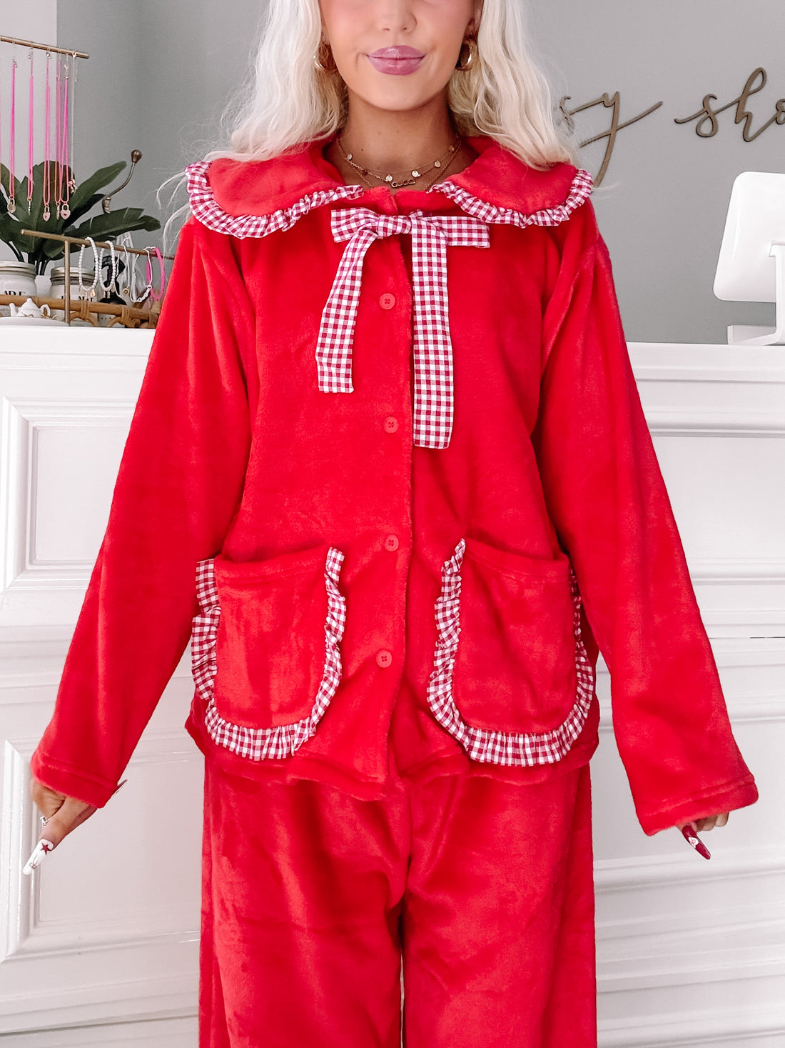 Red Sweetly Snuggled pajama set with gingham trim

