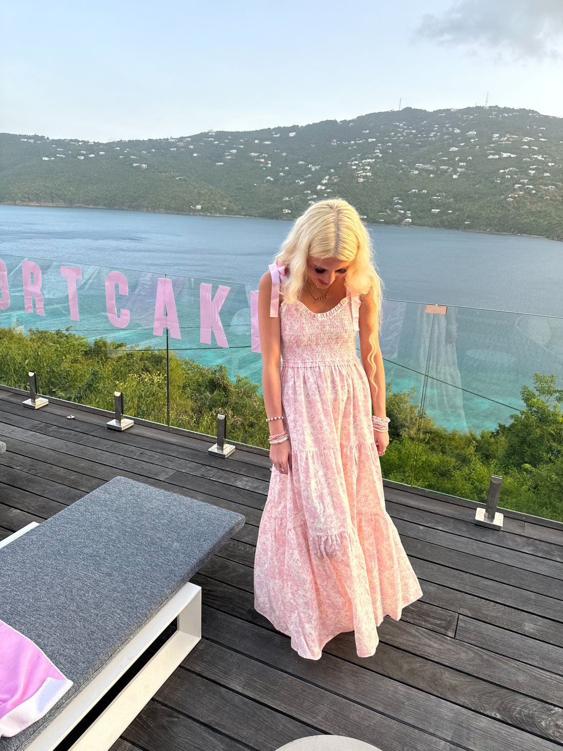 Sassy Shortcake Sweet Pea pink floral maxi with tie-shoulder bows, smocked bodice and tiered skirt — beach-vacation dress.