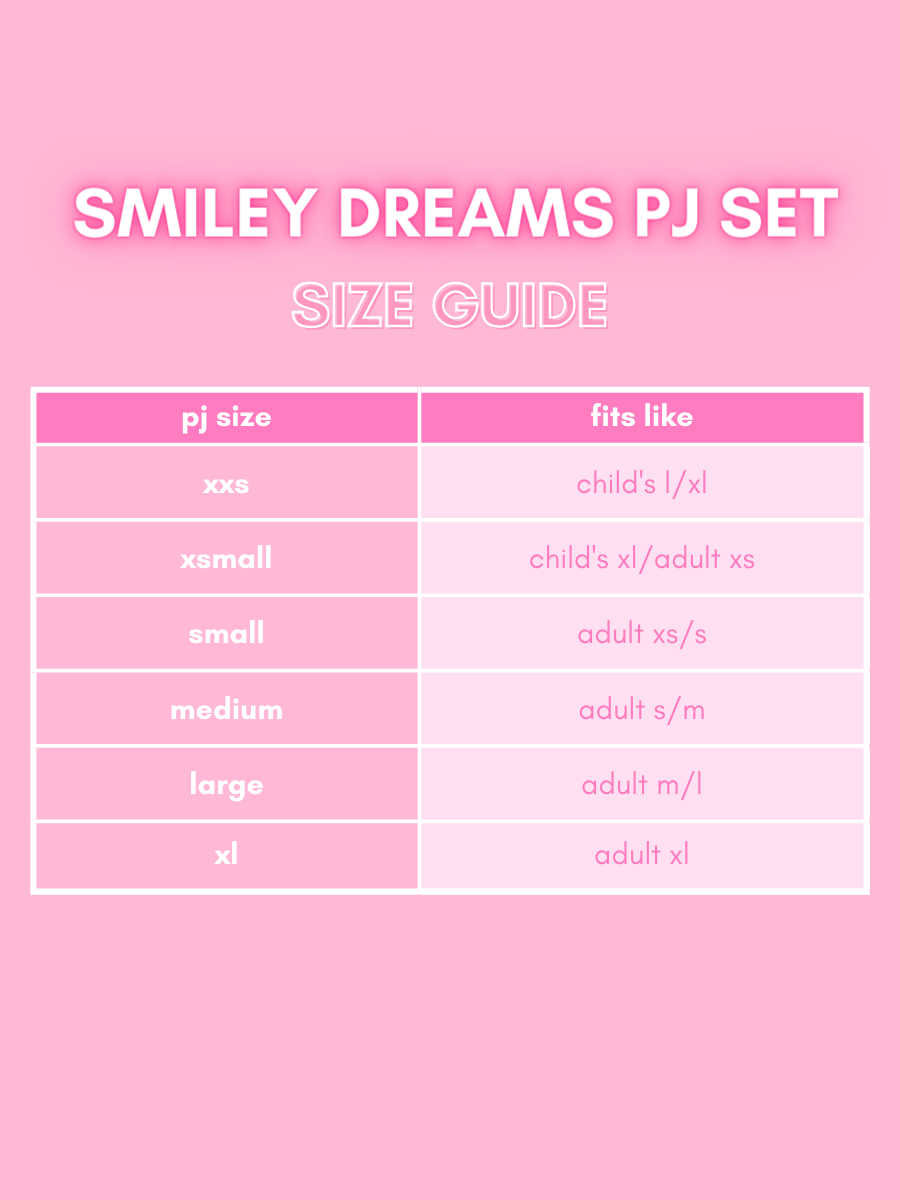 Pink pajama set size chart showing children's and adult sizing.
