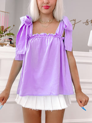 Lilac Tara Ribbon Top:  Pretty lilac top with ribbon shoulder ties; stylish and flattering.
