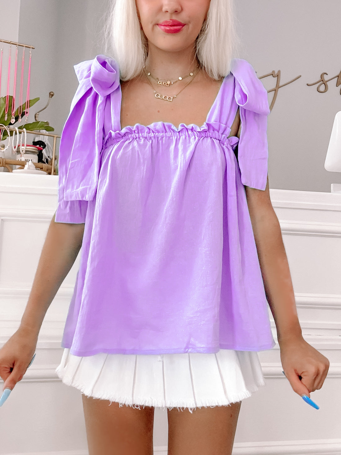 Lilac Tara Ribbon Top:  Pretty lilac top with ribbon shoulder ties; stylish and flattering.
