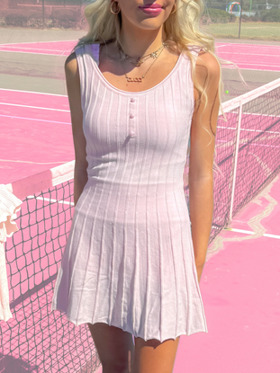 Pink Twirl & Train ribbed knit dress with button detail
