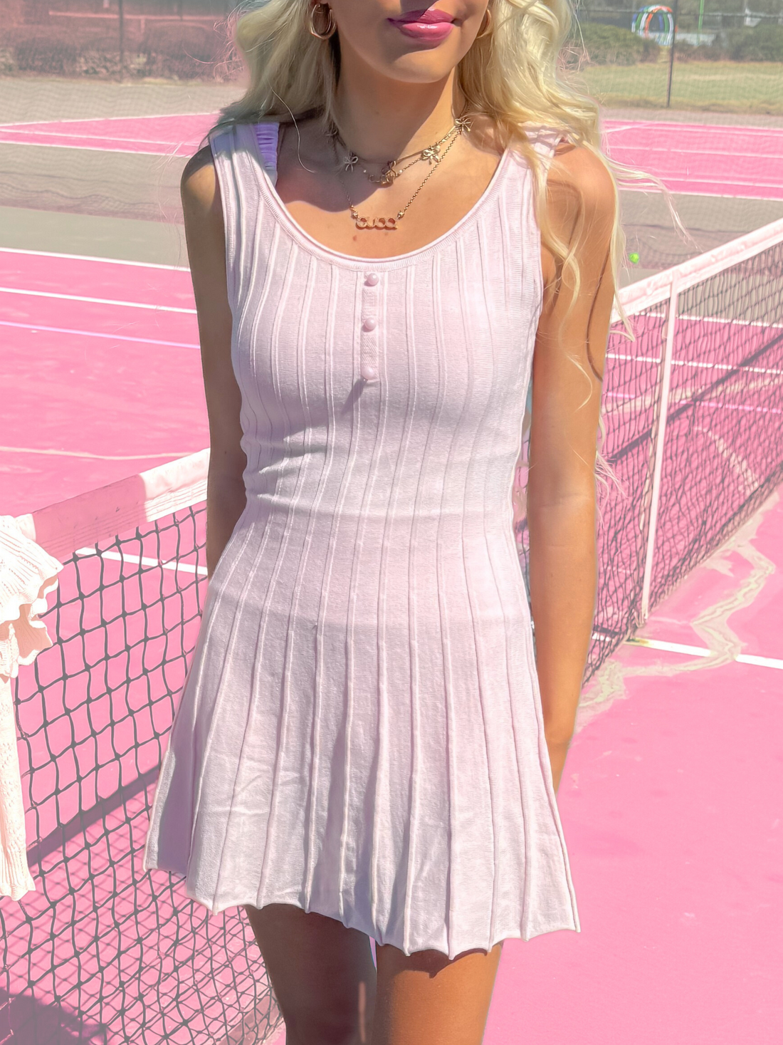 Pink Twirl & Train ribbed knit dress with button detail from Sassy Shortcake
