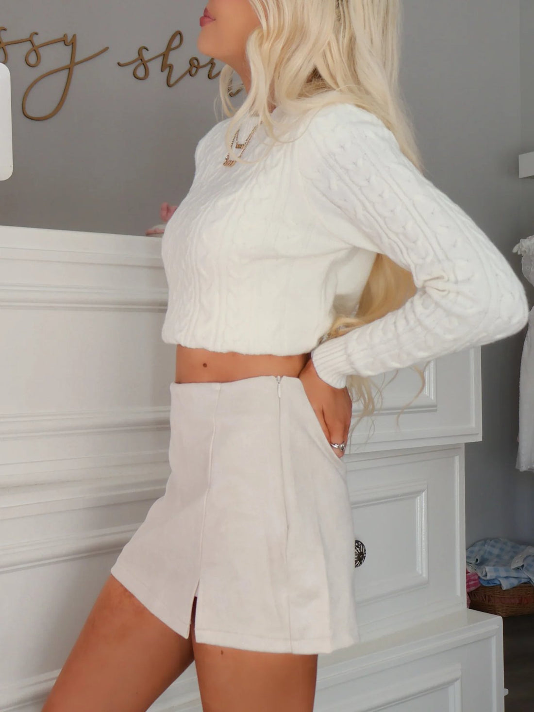 Alternate Side view of Yukon Skirt — light camel suede mini skort with slit detail | Sassy Shortcake