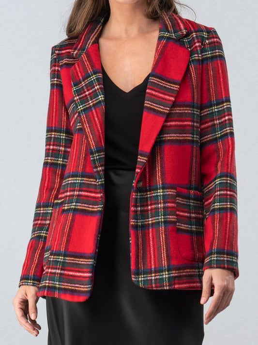 Red and green plaid blazer with a single button closure.
