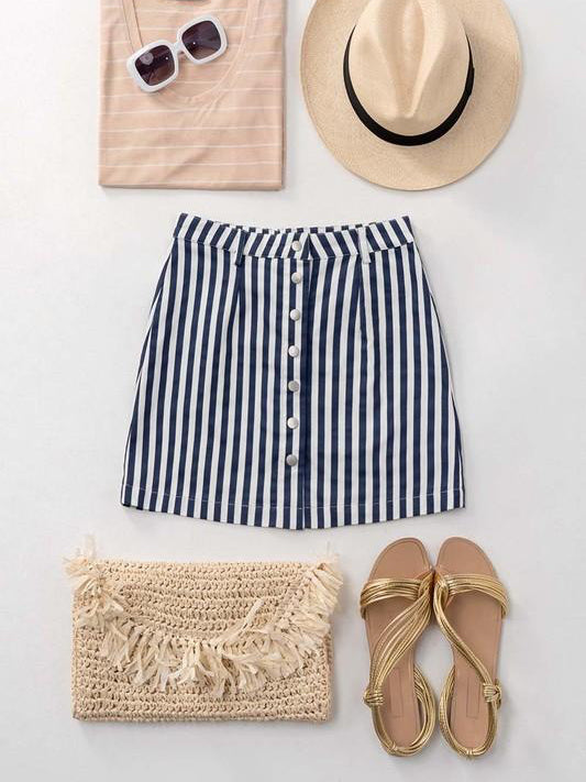 Navy and white striped button-front mini skirt; perfect summer outfit.
