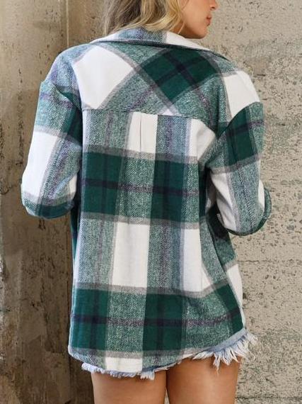 Green and white plaid shacket, long sleeves, casual style.
