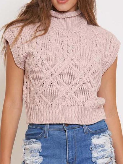 Dusty rose cable knit sleeveless turtleneck sweater, cropped fit.
