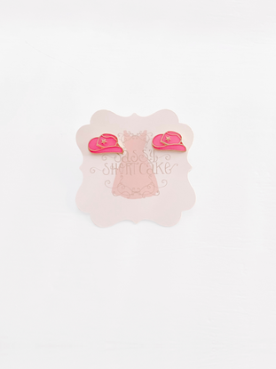 Pink Cowgirl hat stud earrings; gold accents
