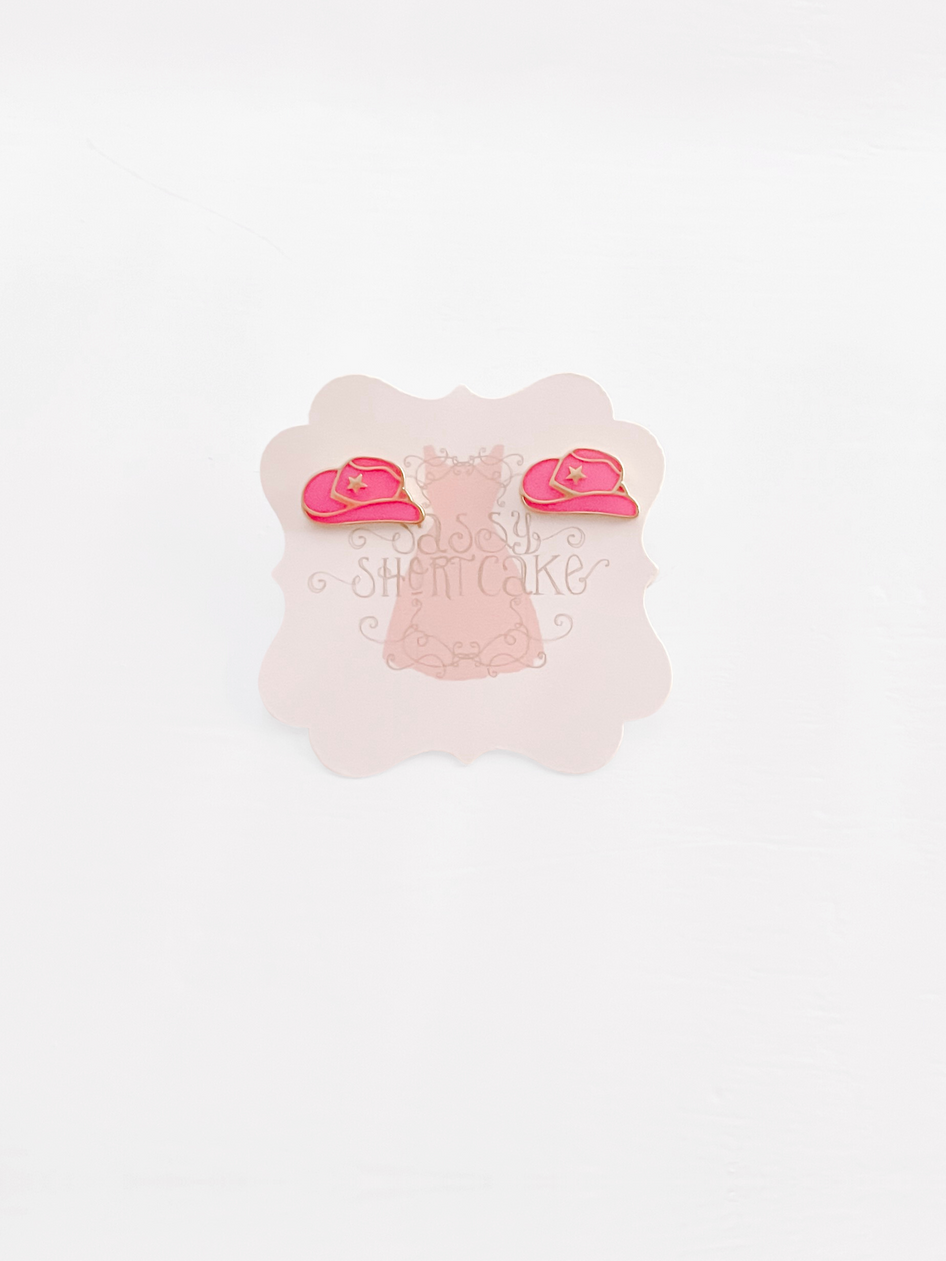 Pink Cowgirl hat stud earrings; gold accents
