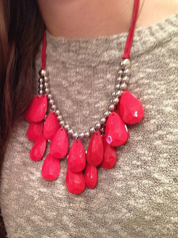 Brooke Bauble Necklace: Red teardrop statement necklace with silver beads.
