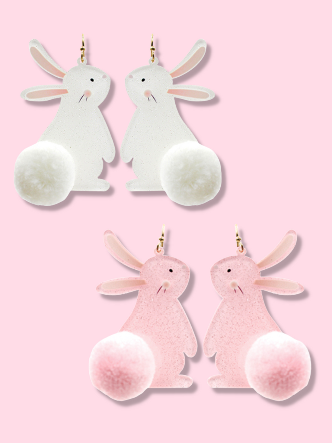 Bunny Pom Earrings:  Adorable pink & white resin bunny earrings with fluffy pom-pom tails.
