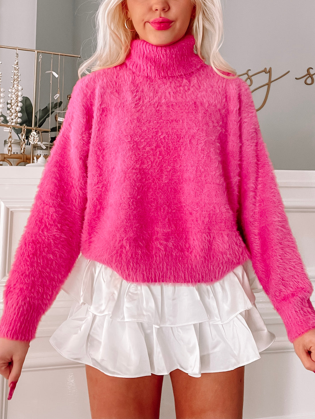 Perla Fuzzy Pink Sweater, soft turtleneck, cozy knit
