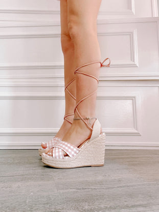Pink gingham Skip in Your Step wedges with ankle tie, espadrille platform.
